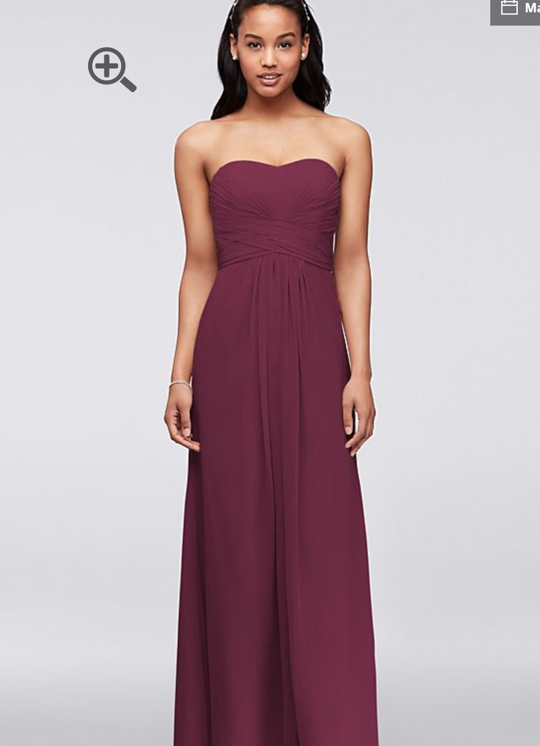 David's bridal long strapless shop chiffon dress and pleated bodice