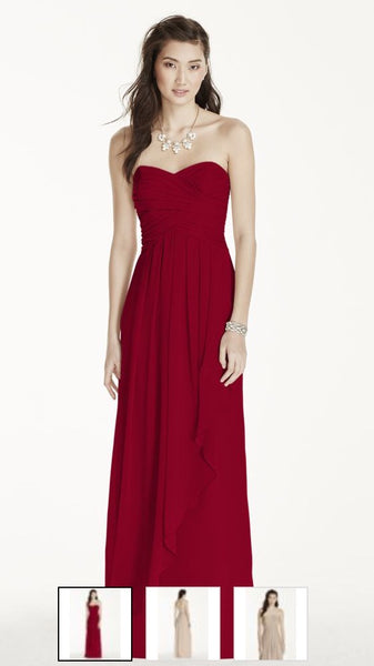 David s Bridal Strapless crinkle chiffon dress with cascade skirt