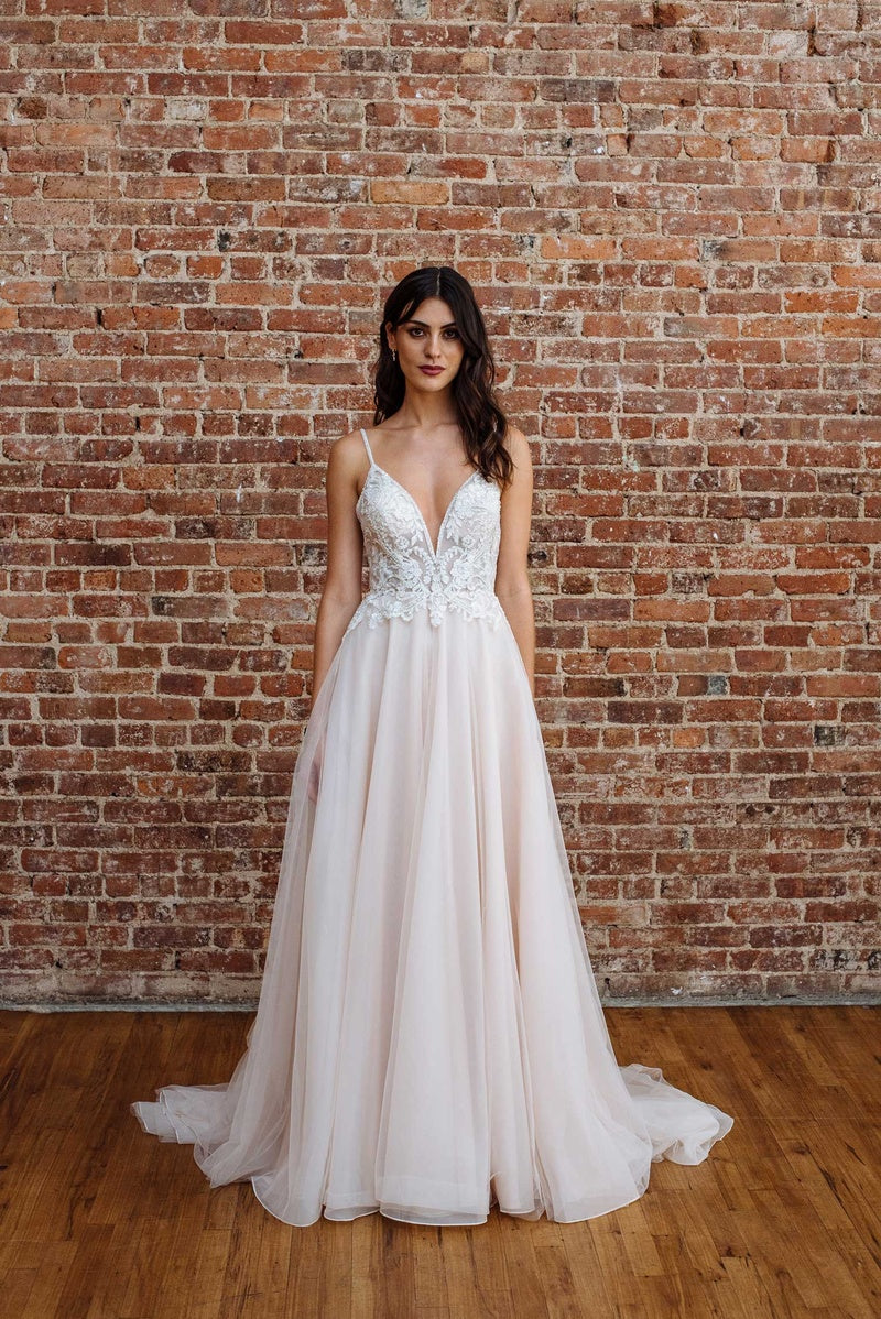 sheer beaded bodice organza a line wedding dress Modern Matte Satin Wedding Dress with Sheer Organza Overlay and Detachable Beaded Jacket