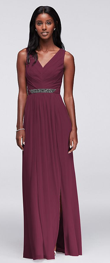 David s Bridal W11092 Long Mesh Dress w V Neck Beaded Waistband