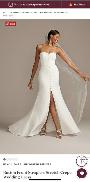 Button Front Strapless Stretch Crepe Wedding Dress