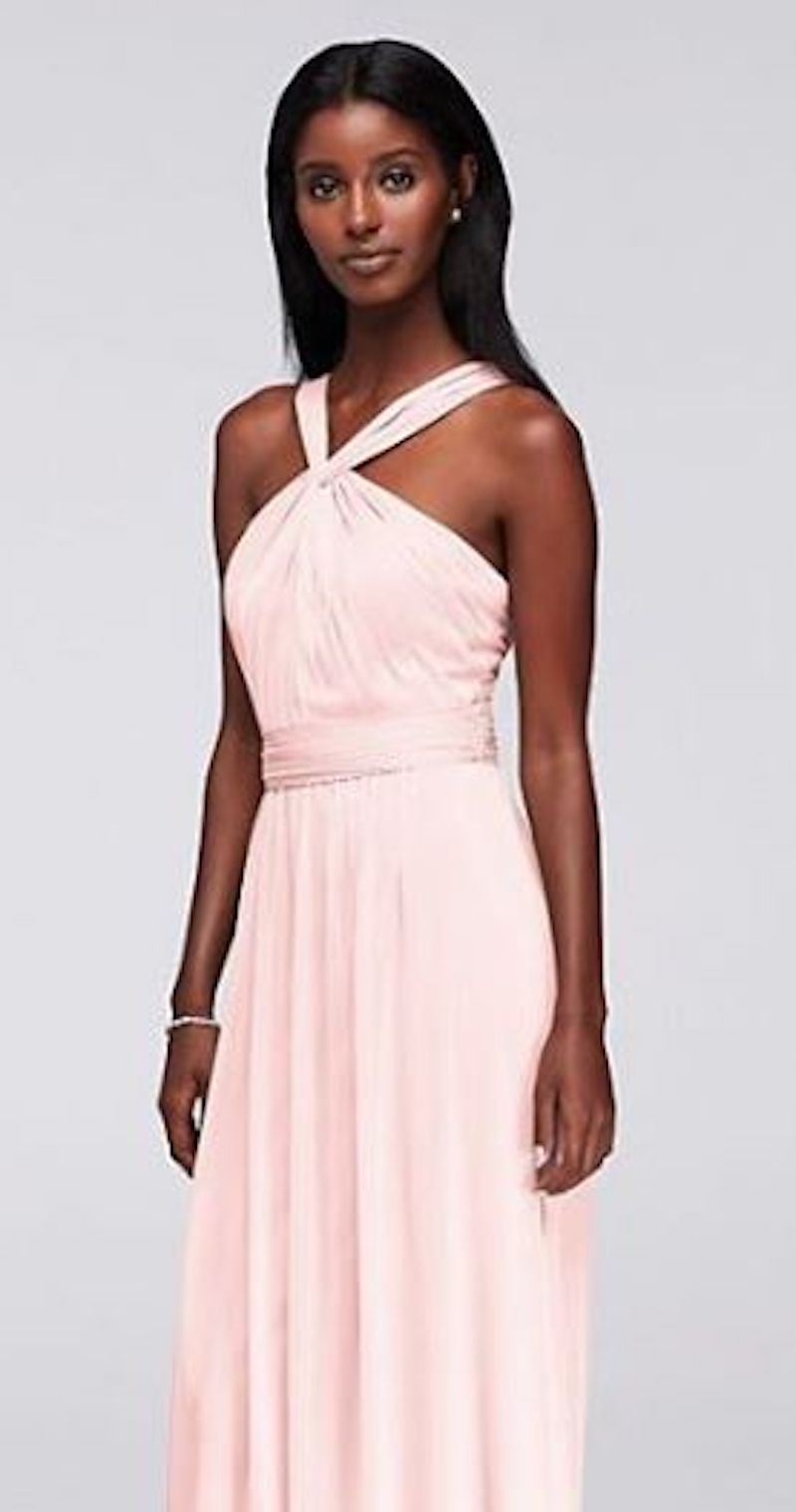 David's Bridal Y-Neck Long Mesh Dress Style W11173 in Petal