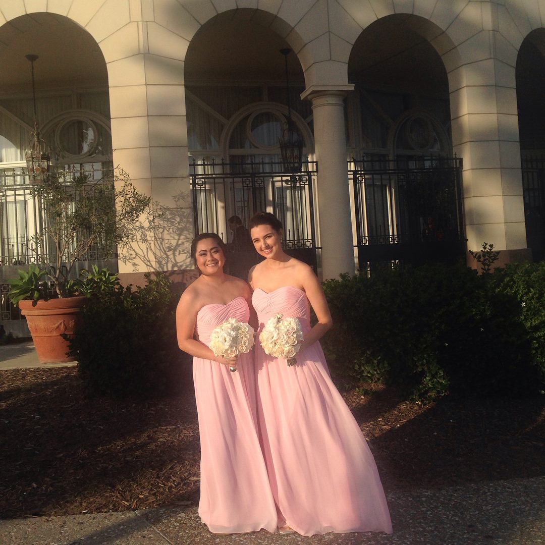 meringue bridesmaid dress Wedding Gowns Donna Morgan Bridal Bridal Wear Peach Peach Donna Morgan Strapless Bridesmaid 25 perfectly placed bows Swatch:#dcc5bf Elle Fanning in Prada Size:46S/40W
