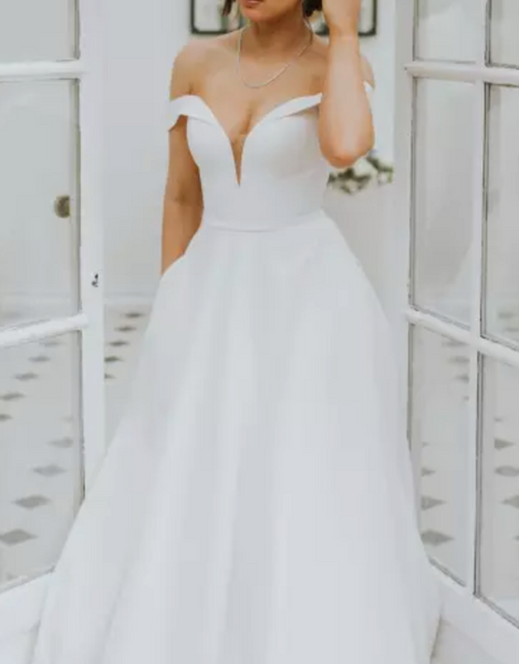 Classic Satin Ballgown with Pockets and Off-the-Shoulder Sleeves