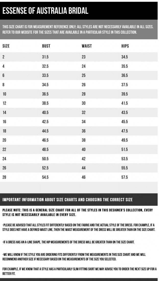 Essense of australia wedding dress size chart