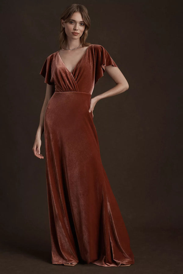 Jenny Yoo Ellis Flutter-Sleeve Velvet Gown