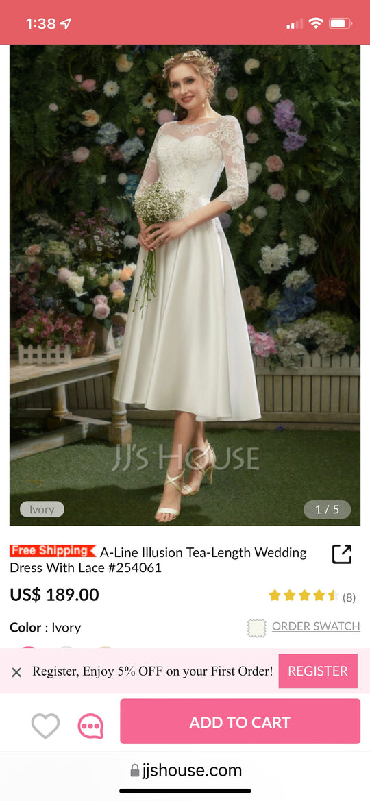JJ's House A-Line Illusion Tea-Length Wedding Dress With Lace #254061