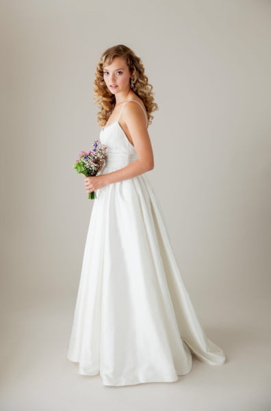 A-Line V Neck Ivory Satin Simple Elegant Wedding Dresses Bridal