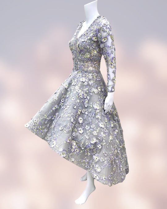 Michael Cinco Long Sleeve 3D Flower and Swarovski Embroidered