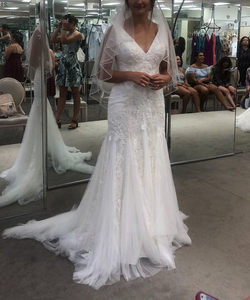 Oleg Cassini Pearl Beaded V Neck Mermaid Wedding Dress CWG795