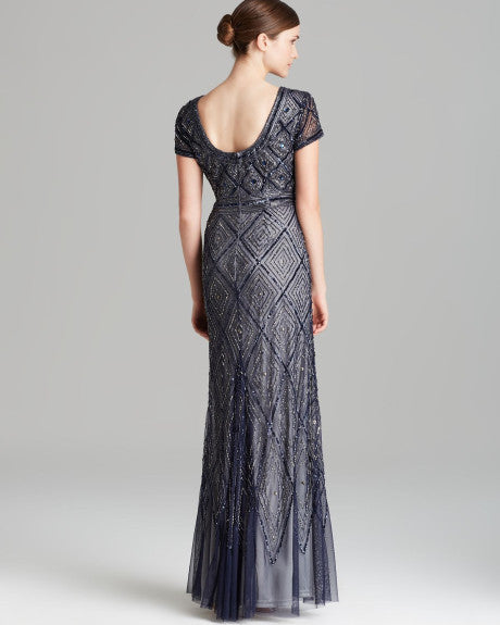 ADRIANNA PAPELL Womens Navy Beaded Cap Sleeve V Neck Full-Length Evening Fit + Flare Dress