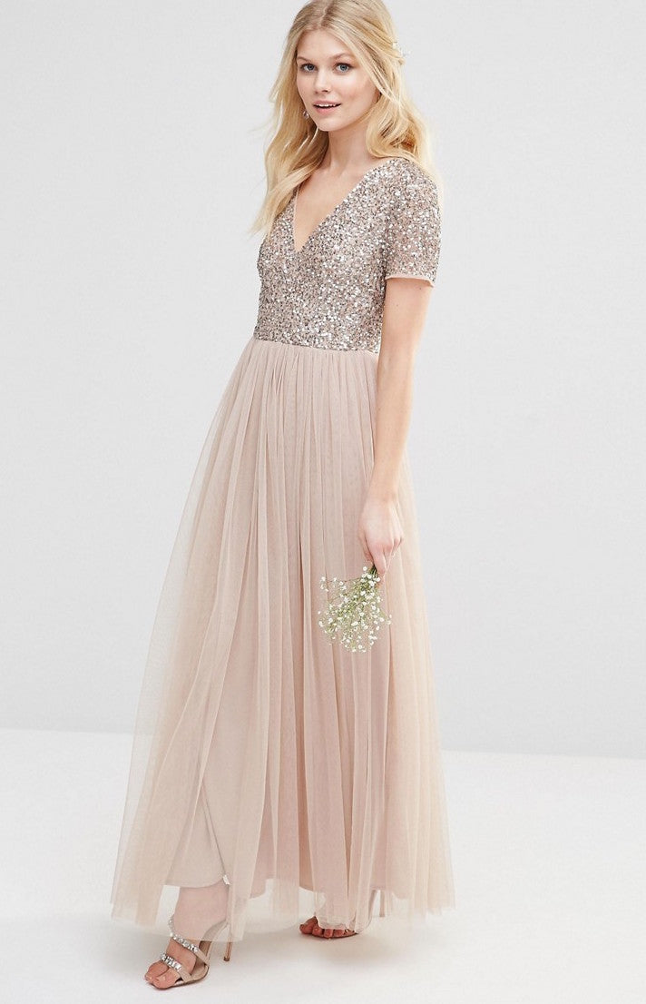 asos maya bridesmaid dress reviews Maya Tall Bridesmaid long sleeve maxi tulle dress with tonal delicate  sequin in muted blush