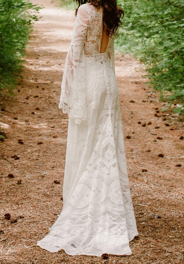 amazon beach wedding dresses Sheath Long Sleeve Ivory Lace Wedding Dress Beach Wedding Dress TN129 US8 / Ivory main image 1