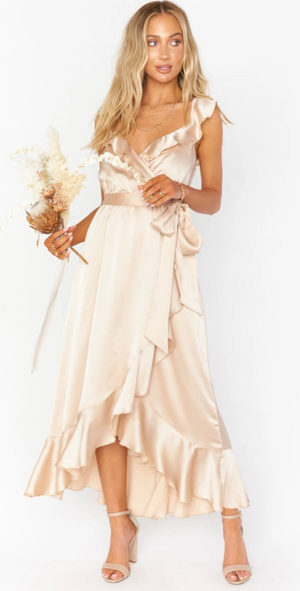 Show Me Your MuMu Champagne Luxe Satin Samantha Ruffle Wrap Dress