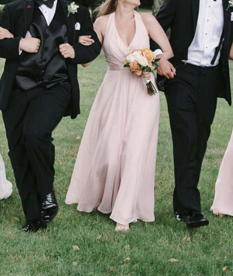 Vera Wang White Chiffon Halter Bridesmaid Dress with Tulle Bow