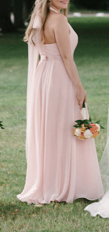Vera Wang White Chiffon Halter Bridesmaid Dress with Tulle Bow Nearly Newlywed