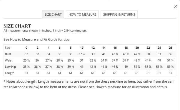 Vera wang size outlet chart david's bridal